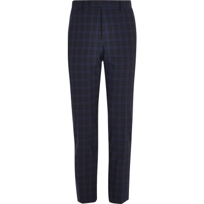 Navy check skinny fit suit trousers