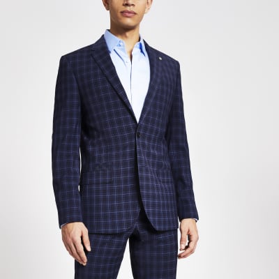 navy check suit jacket