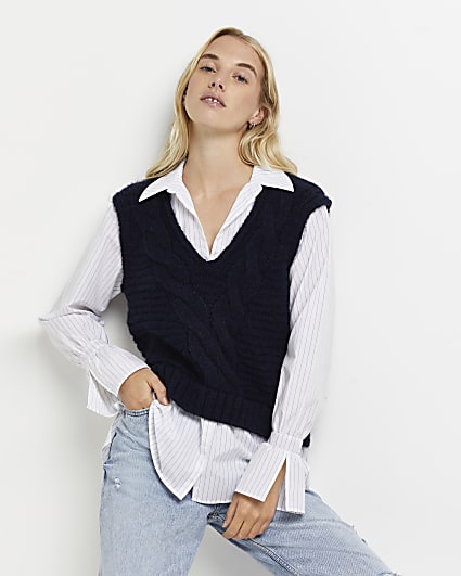 Navy chunky cable knit shirt