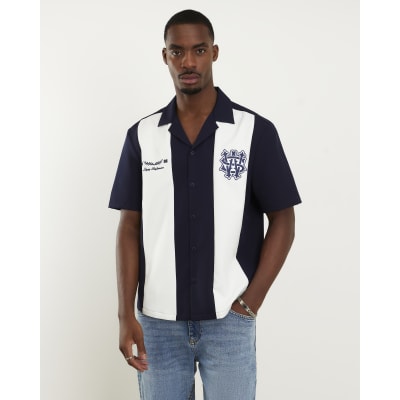 Navy Colour Block Embroidered Bowling Shirt