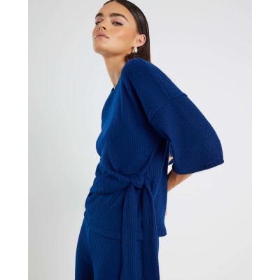 Navy Cosy Short Sleeve Ribbed Tie Detail Top