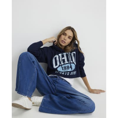 Navy Cotton Blend Ohio Cropped Hoodie
