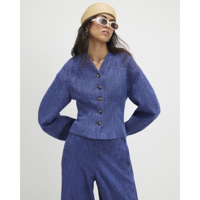 Navy Cotton Cocoon Sleeve Seamed Jacket