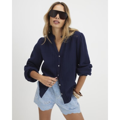 Cotton Long Sleeve Pintuck Blouse