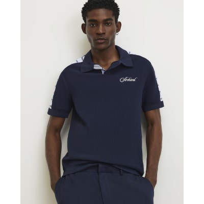 Navy Cotton Short Sleeve Open Collar Jumper