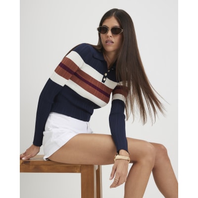 Cotton Stripe Long Sleeve Polo Top