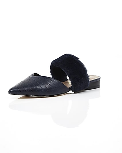 360 degree animation of product Navy croc faux fur strap pointed mules frame-0