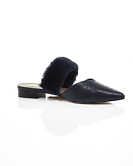 360 degree animation of product Navy croc faux fur strap pointed mules frame-8