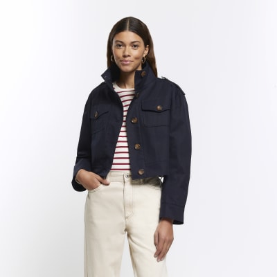 Navy crop trench jacket | River Island