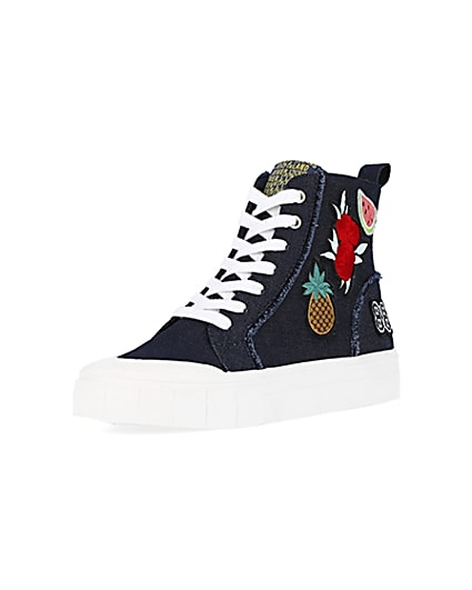 360 degree animation of product Navy denim high top trainers frame-0