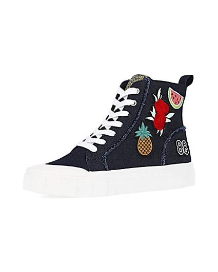 360 degree animation of product Navy denim high top trainers frame-1