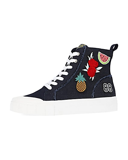 360 degree animation of product Navy denim high top trainers frame-2