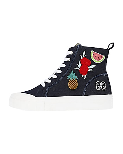 360 degree animation of product Navy denim high top trainers frame-3
