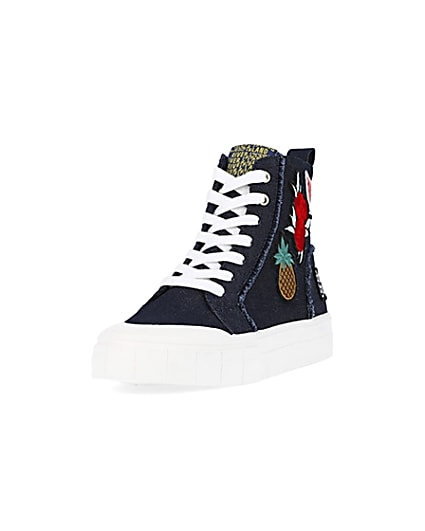 360 degree animation of product Navy denim high top trainers frame-23