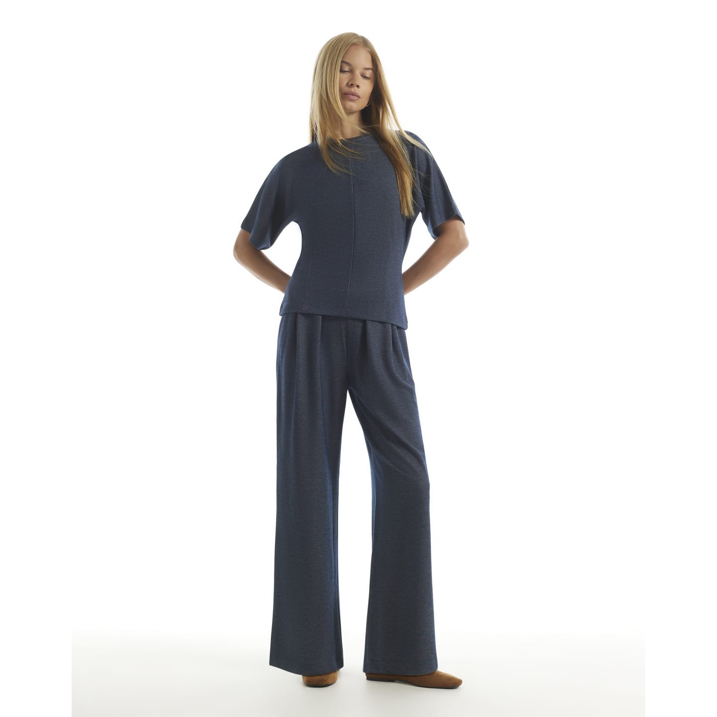 River Island Navy Denim Look Pleated Wide Leg Trousers — photo 1 of 1