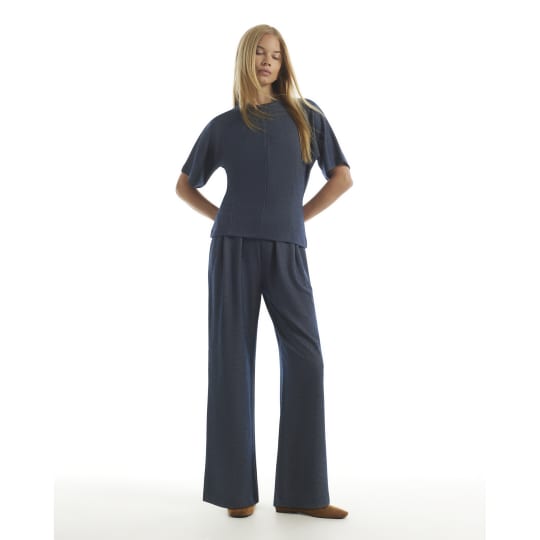 River Island Navy Denim Look Pleated Wide Leg Trousers