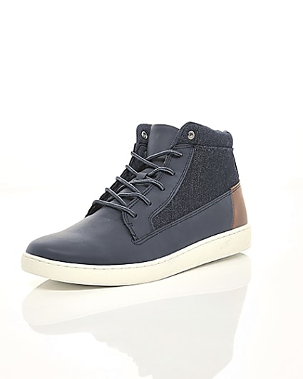 360 degree animation of product Navy denim mid top trainers frame-1