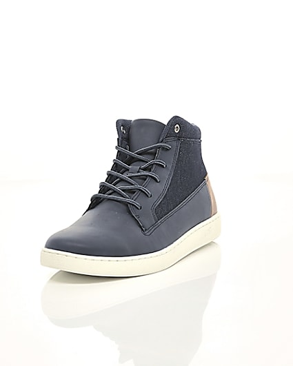 360 degree animation of product Navy denim mid top trainers frame-2