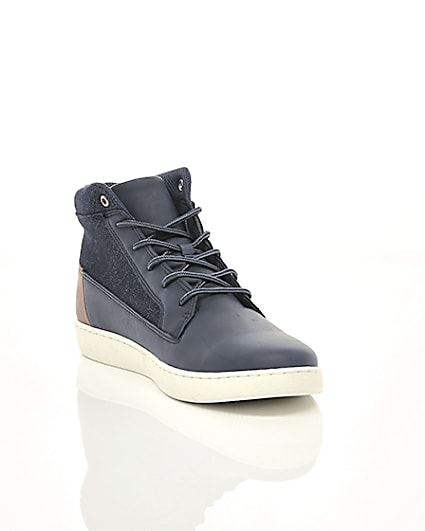 360 degree animation of product Navy denim mid top trainers frame-6
