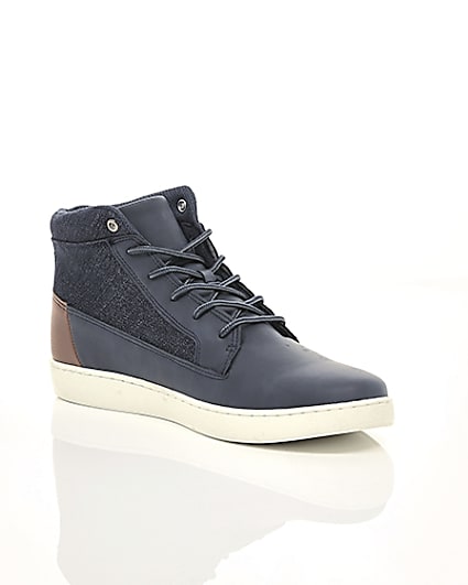 360 degree animation of product Navy denim mid top trainers frame-7
