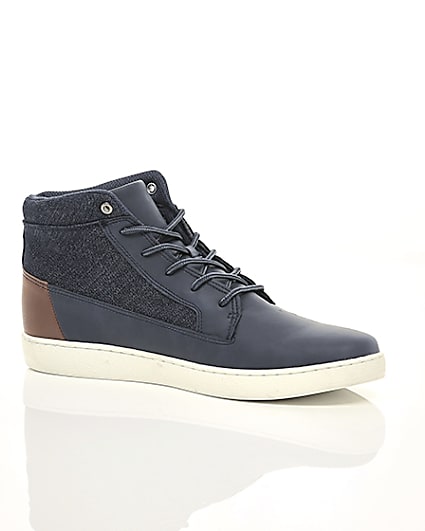 360 degree animation of product Navy denim mid top trainers frame-8