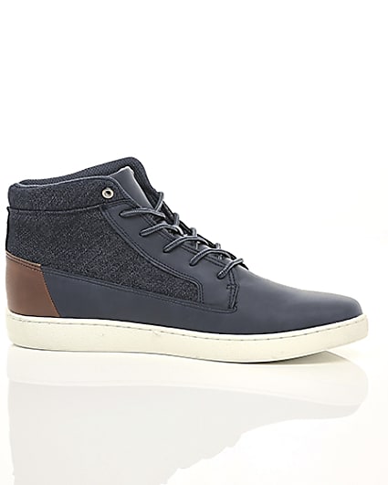 360 degree animation of product Navy denim mid top trainers frame-9