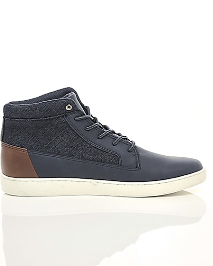 360 degree animation of product Navy denim mid top trainers frame-10