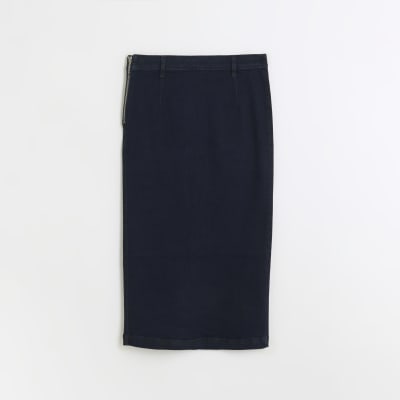 Navy denim pencil midi skirt | River Island