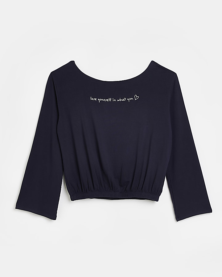 Navy embroidered long sleeve top