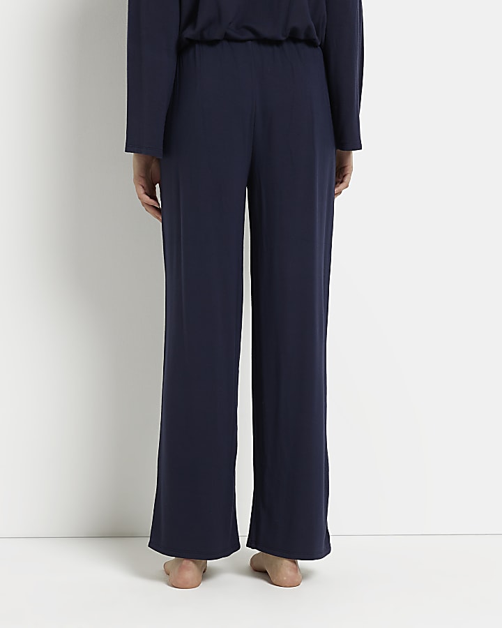 Navy embroidered straight leg trousers