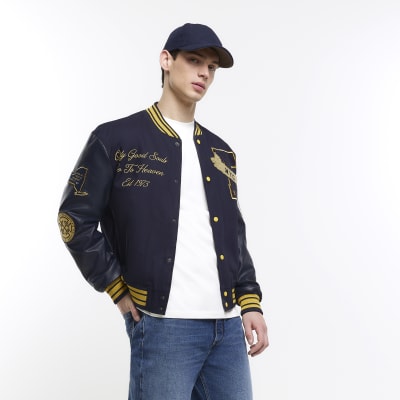 Navy embroidered varsity bomber jacket