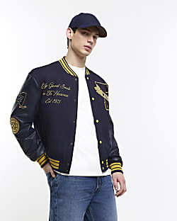 Navy embroidered varsity bomber jacket