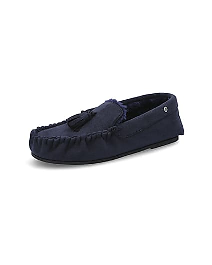 360 degree animation of product Navy faux fur lined moccasin slippers frame-1