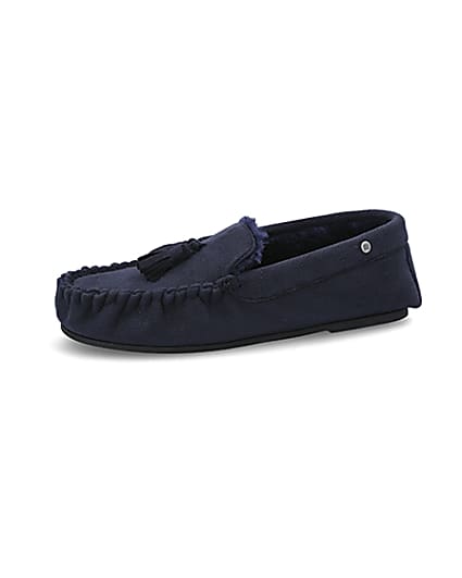 360 degree animation of product Navy faux fur lined moccasin slippers frame-2
