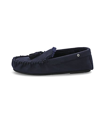 360 degree animation of product Navy faux fur lined moccasin slippers frame-3