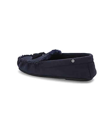360 degree animation of product Navy faux fur lined moccasin slippers frame-5