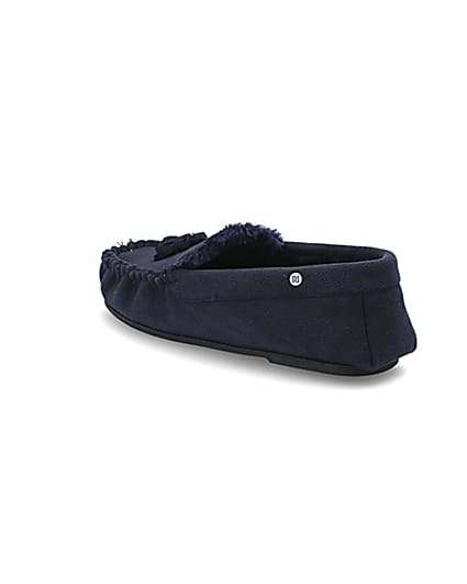 360 degree animation of product Navy faux fur lined moccasin slippers frame-6