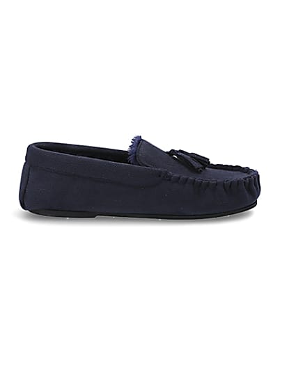360 degree animation of product Navy faux fur lined moccasin slippers frame-15