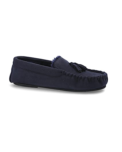 360 degree animation of product Navy faux fur lined moccasin slippers frame-16