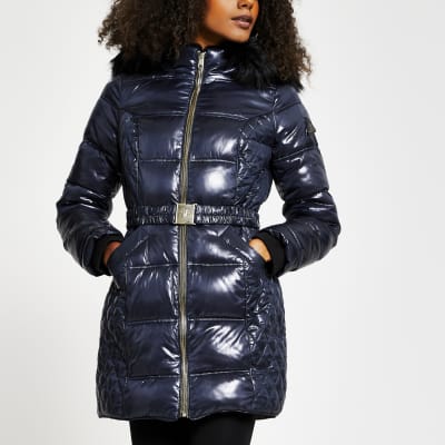 navy belted coat womens