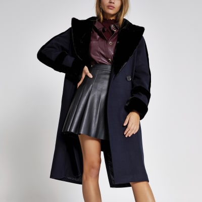 Navy faux fur trim double breasted coat