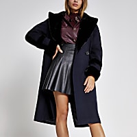 Navy faux fur trim double breasted coat