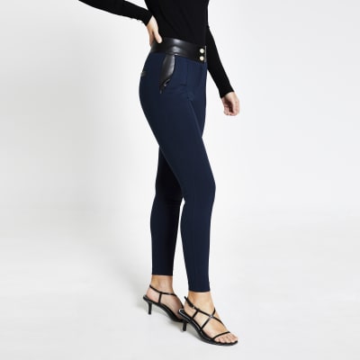navy faux leather trousers