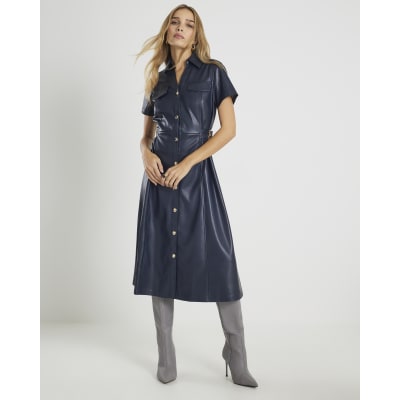 Navy Faux Leather Midi Shirt Dress
