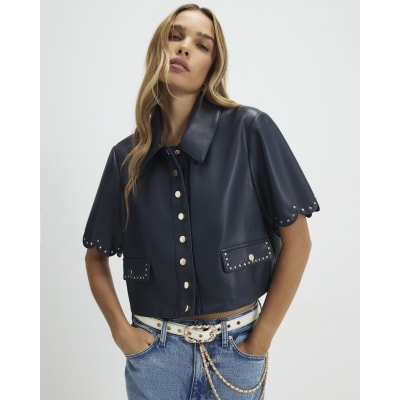 Navy Faux Leather Scallop Trim Studded Top
