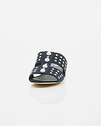 360 degree animation of product Navy faux pearl studded mules frame-3