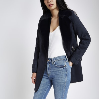 Navy faux suede fallaway jacket