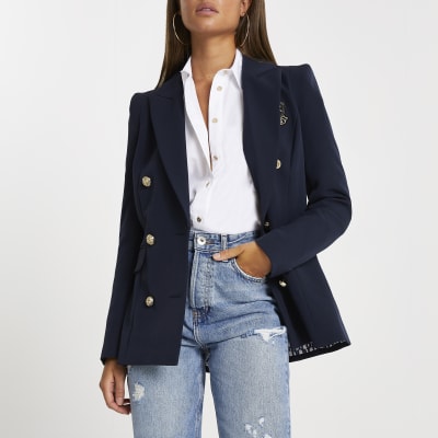 Navy fitted double breasted blazer | River Island