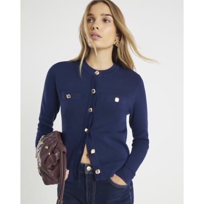 Navy Fitted Pocket Detail Cardigan