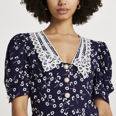 Navy floral collar tea mini dress River Island